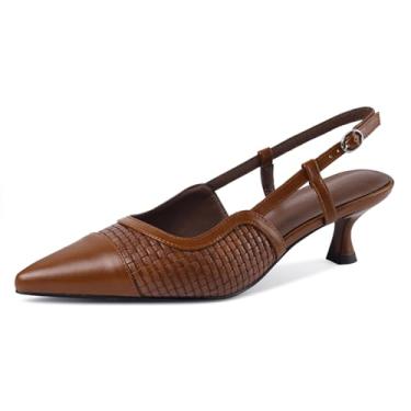 Imagem de Migpuel Salto gatinho de tecido feminino de couro, bico fino, com tira de fivela, salto confortável, para casamento, escritório, sapatos elegantes, Tan_woven, 8.5