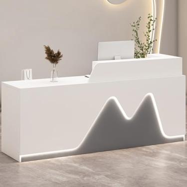 Imagem de Mesa de recepção frontal moderna de LED com gaveta com trava - branco + cinza, 120 cm - ideal para salão, loja ou escritório - balcão elegante e funcional com iluminação LED