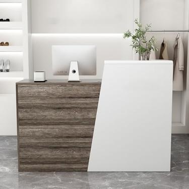 Imagem de Mesa de recepção moderna com balcão para caixa e varejo - equipada com armários e prateleiras de armazenamento - ideal para casa, escritório, salão e lobby - marrom, lado esquerdo - Solu elegante e