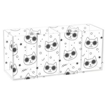 Imagem de Burbuja Porta-canetas de acrílico para gatos em óculos de sol, 4 compartimentos, suporte de lápis transparente para pincéis de maquiagem fixos, acessórios de mesa de escritório em casa
