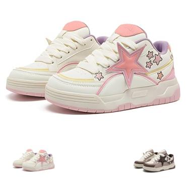 Imagem de Star Shoes Tênis de caminhada feminino bico redondo Y2K estética bonito detalhe estrela aderência conforto EUA 5,5-8, rosa, 36