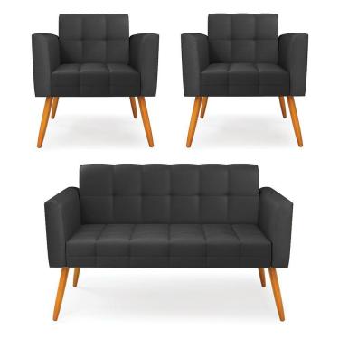 Imagem de Kit 1 Sofá Namoradeira E 2 Poltronas Elisa Corino Pés Palito Castanho - D'rossi Cor Preto