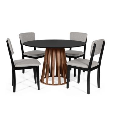 Imagem de Mesa De Jantar Redonda Gabi Pret/nor Com 4 Cadeiras Estofadas Ella Preto/cinza Claro