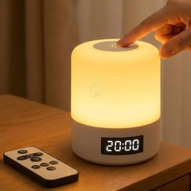 Imagem de Luminária de Mesa LED Recarregável com Relógio Digital e Controle Remoto, Abajur Touch Dimerizável Sem Fio Portátil, Luz Noturna para Quarto Infantil, Berçário e Escritório