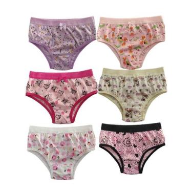 Imagem de Calcinha infantil de algodão com cós, estampas variadas, kit com 6 uni