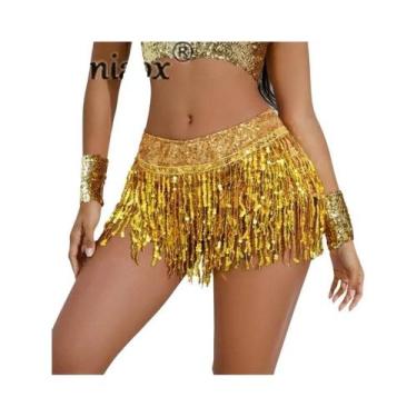 Imagem de Shorts Femininos De Cor Sólida Com Franjas E Lantejoulas, Saia Para Da
