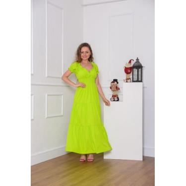 Imagem de Vestido longo feminino manga curta decote v tecido crepinho m, g - Din