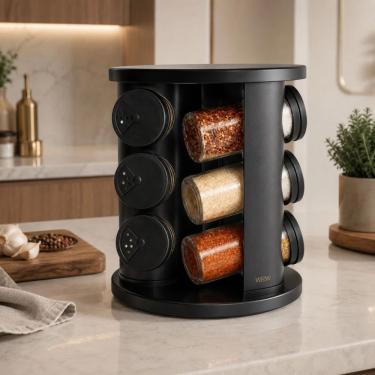 Imagem de Porta Temperos Giratório Organizador de Temperos com Suporte Giratório 9 Potes de Vidro 85ML Base 360 graus  Preto