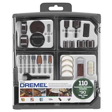 Imagem de Dremel Kit de acessórios para ferramentas rotativas multiuso 709-02 com 110 peças - inclui uma broca de entalhe, tambores de lixa, pedras de moagem, discos de corte e um estojo de armazenamento, cinza