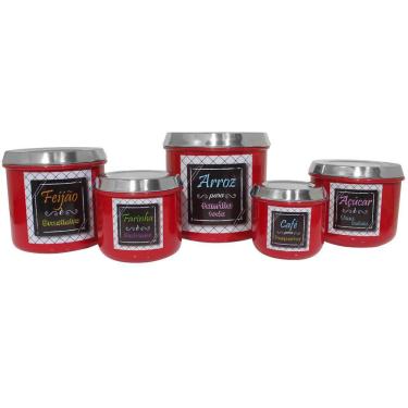 Imagem de Conjunto De Mantimentos Vermelho Decorado Em Alumínio Para Cozinha 5 Peças