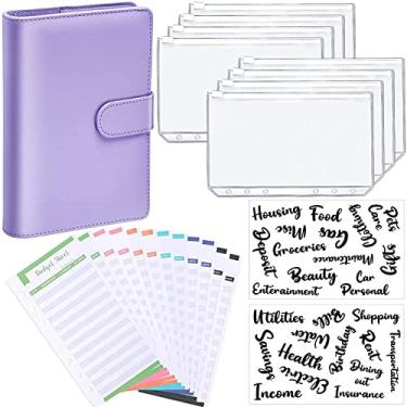 Imagem de PU Notebook Binder Planejador de Orçamento Capa de fichário com bolso de fichário Sistema de envelopes de orçamento de dinheiro pessoal Pasta com zíper de 6 furos (capa roxa com folha transparente, A6)