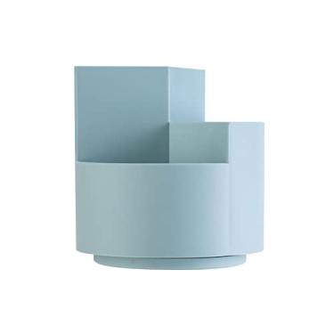 Imagem de Porta-lápis de mesa 360 com rotação circular de 3 compartimentos organizador de papelaria cosmético pincel de maquiagem caixa de armazenamento para escritório escola material de arte (azul)