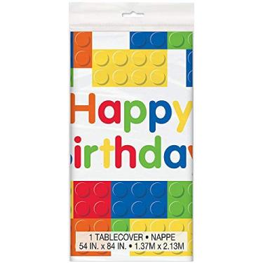 Imagem de Capa de mesa retangular de aniversário com blocos de montar vibrantes – 137 x 213 cm – Qualidade premium e design atraente – perfeita para decoração de festa infantil