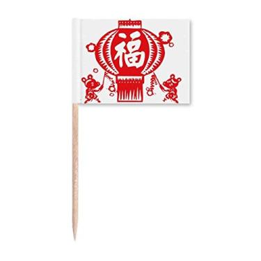 Imagem de Lanterna chinesa vermelho padrão de corte de papel palito de dente bandeiras marcador decoração de festa