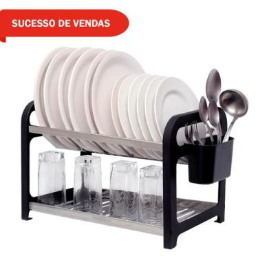 Imagem de Escorredor 16 Pratos Inox Preto Com Porta Talheres - Domum