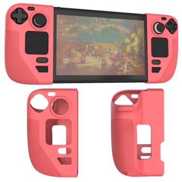 Imagem de Capa protetora de silicone compatível com Steam Deck/OLED, capa de alça de textura antiderrapante para deck a vapor, capa anticolisão com 4 tampas de polegar (vermelho)