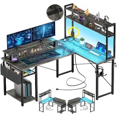 Imagem de Aheaplus Mesa de jogos pequena em forma de L com luzes LED e tomadas, mesa de computador reversível em forma de L com suporte para monitor e prateleira de armazenamento, mesa de canto para escritório