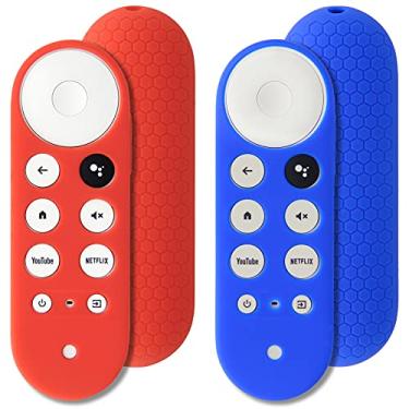 Imagem de 2 capas protetoras compatíveis com Chromecast com controle remoto de voz Google TV, Pinowu antiderrapante para controle remoto Chromecast 2020 (azul e vermelho)