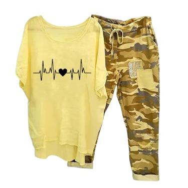 Imagem de Conjunto de 2 peças para mulheres, roupa de treino de linho de manga curta, blusa solta e calça de perna larga 2023, conjunto esportivo de duas peças, Ab1-amarelo, 3X-Large