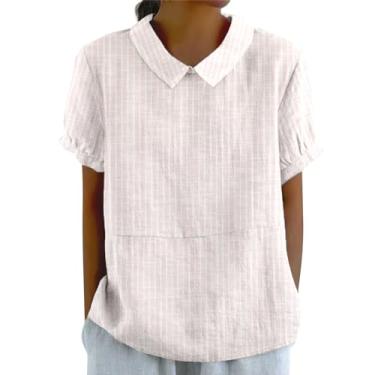 Imagem de Camisetas femininas com gola de linho para verão, casual, retrô, listradas, estampadas 2024, blusas estilosas para sair, túnicas, rosa, P