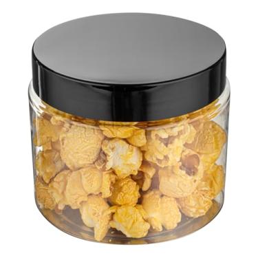 Imagem de Restaurantware Frascos de doces RW Base de 473 ml, recipientes de armazenamento de cozinha duráveis - Redondos, lacre hermético, potes de lanche de plástico transparente com tampas de plástico preto,