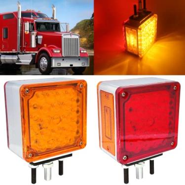 Imagem de 2 peças Âmbar / Vermelho Caminhão Reboque Mark Light 52 LED Quadrado Dupla Face Fender Stop Turn Signal Tail Lights Pedestal, Substituição para Volvo Kenworth Peterbilt Freightliner Western Star