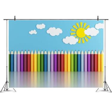 Imagem de Giz de cera colorido com nuvens de sol para decoração de interiores de quarto infantil, cenário de ensino online, decoração de atividades de jardim de infância, adereços de fundo de retrato (3 x 1,8