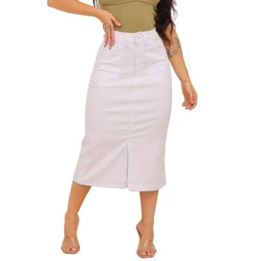 Imagem de Saia Midi Jeans Com Fenda Na Frente Moda Modesta - 111151 C/bolso - 11