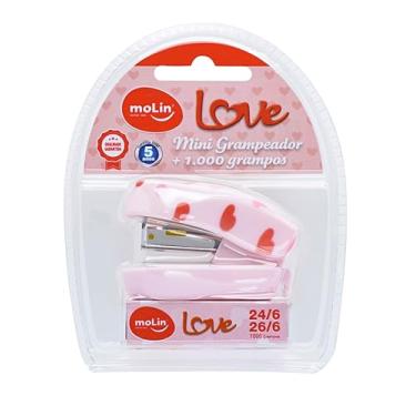 Imagem de Molin Mini Grampeador Love Heart - Rosa - Blister com 1 Unidade + 1.000 Grampos