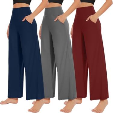 Imagem de NEW YOUNG Pacote com 3 calças femininas de pernas largas com bolsos, cintura alta, calças de moletom soltas, casual, lounge, yoga, treino, palazzo