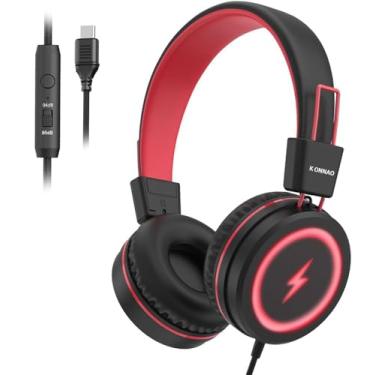 Imagem de Fones de ouvido infantis para escola, USB tipo C com luzes de LED, fones de ouvido com fio para meninos e meninas com limitador de segurança 85dB/94dB, fones de ouvido dobráveis com microfones para