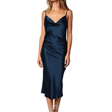 Imagem de xxxiticat Vestido feminino sem mangas de cetim com alças finas para coquetel, praia, festa noturna, gola drapeada, leopardo, midi, Azul escuro médio, PP