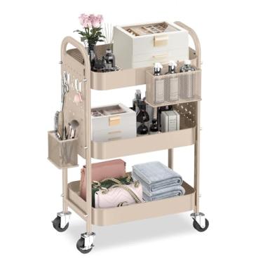 Imagem de ALVOROG Carrinho de rodinhas de 3 níveis com pegboards DIY Carrinho utilitário de metal com alças de rodas, cestos, ganchos, carrinho de artesanato para escritório, cozinha, banheiro (Cáqui)