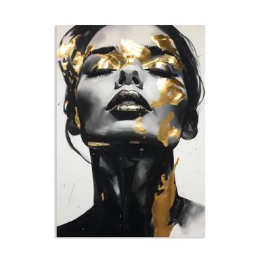 Imagem de SDYJ6GSW Pôster de rosto feminino com retrato dourado pinturas em tela abstratas modernas imagens de arte de parede para sala de estar decoração de casa 42 x 30 cm (17 x 12 pol.) pôster