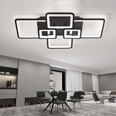 Imagem de Lustre grande quadrado moderno com regulagem de intensidade, controle remoto de memória e 3 cores, 96 W, 80 cm, ideal para quartos e salas de jantar, design em preto e branco.