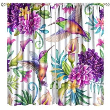Imagem de Cortinas florais de primavera beija-flor, flor rosa, aquarela, borboleta, beija-flor, natureza, estampa para janela, para quarto, sala de estar, cozinha, decoração, conjunto de 2 painéis, decoração de