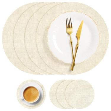 Imagem de yuuzue Jogo americano redondo conjunto de 4, jogo americano e porta-copos de couro sintético, tapetes de mesa resistentes ao calor, à prova d'água, à prova de óleo, limpáveis, jogo americano de mesa