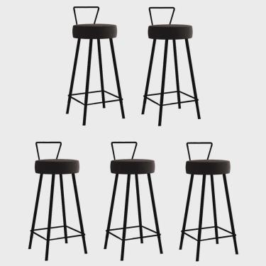 Imagem de Kit 05 Banqueta Alta Com Encosto Tais Eiffel Cozinha Bar Bistrô Ferro Preto Corino Marrom - Ahz Móveis