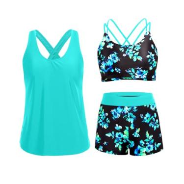 Imagem de Holipick Tanquíni feminino de 3 peças, controle de barriga, regata com sutiã, shorts para meninos e adolescentes, Azul e azul, XGG