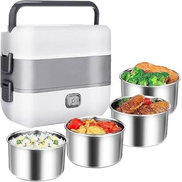 Imagem de Lancheira elétrica portátil auto-cozinhada, mini fogão de arroz, 2 camadas 4 vaporizador de aço inoxidável Lancheira de isolamento alimentar para escritório em casa viagem escolar cozinhar alimentos crus, 2L/110V/200W (somente para velas de parede)