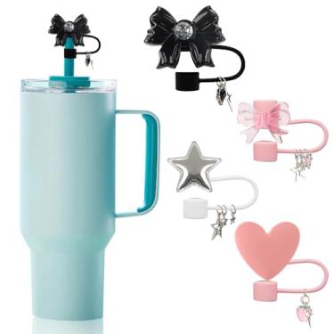 Imagem de Habbiful 4 peças de cobertura de canudo de silicone para copo Stanley rosa preto prata estrela coração arco capas de palha compatíveis com Stanley 30 e 1,134 g acessórios de copo para presentes