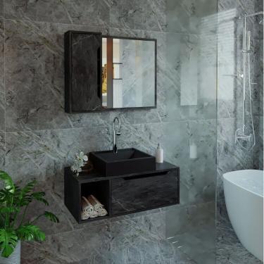 Imagem de Conjunto De Banheiro Com Gabinete Suspenso Com 1 Porta E Espelheira Mármore Lunar