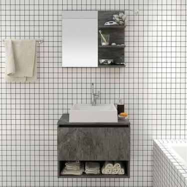 Imagem de Conjunto De Banheiro Com Gabinete Porta Basculante 60cm E Espelheira 3 Prateleiras Mármore Lunar