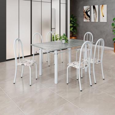 Imagem de Conjunto De Mesa Tubular 140cm X 75cm Tampo Em Granito Topázio Com 6 Cadeiras Iris Arabesco- Branco