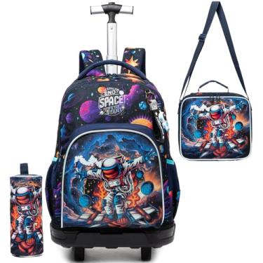 Imagem de ZBAOGTW Mochila com rodinhas para crianças de 8 a 12 anos, mochila com rodinhas para meninos escolares, Astronauta preto