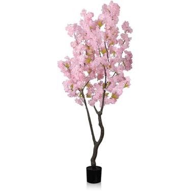 Imagem de Árvore de cerejeira artificial rosa 2 m (198 cm) Sakura japonesa sintética decoração interna feita à mão com flores de cerejeira natural para casa, planta rosa realista em vaso para sala de estar