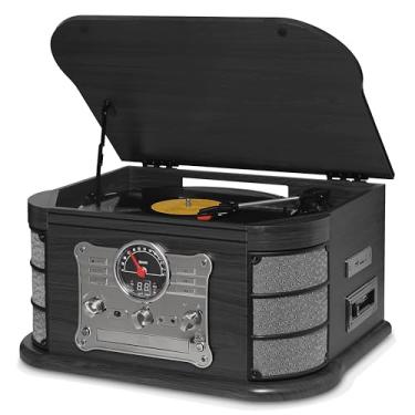 Imagem de Vitrola Raveo Spazio Ebony com Toca-discos de 3 velocidades, Rádio FM, CD e Cassete players, USB e SD (reproduzem e gravam), entrada e saída auxiliares e tecnologia de conexão Bluetooth.