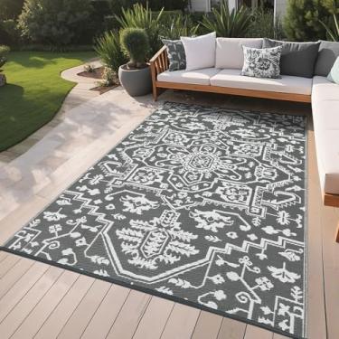 Imagem de Tapete de palha de plástico reversível impermeável 20 x 25 cm, resistente aos raios UV, medalhão vintage, tapete de acampamento para pátio, deck, varanda, piquenique, tapete externo grande, cinza e