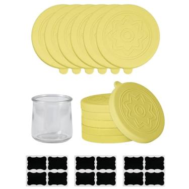 Imagem de TERESRY Pacote com 12 tampas de silicone para iogurte Oui com 8 etiquetas, tampas de grau alimentício para potes de iogurte Oui de 142 g, tampas de silicone reutilizáveis perfeitas para garrafa de
