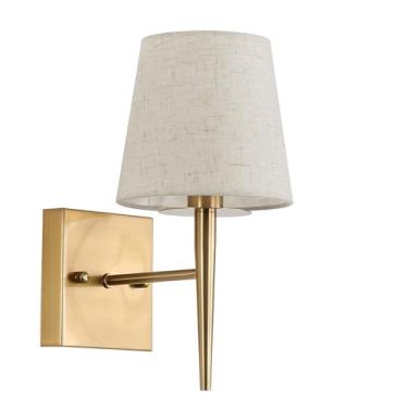 Imagem de EFINEHOME Arandela de parede moderna de meados do século com sombra de tecido bege| Luminária de parede interna dourada antiga 1 luz | Arandelas de parede para banheiro de corredor (1 conjunto de